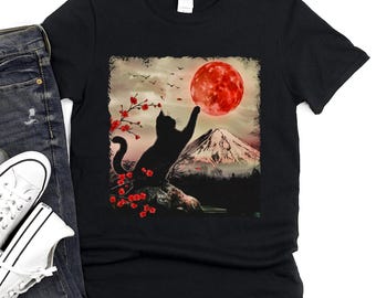 Black Cat Moon T-Shirt, Japanese Mount Fuji Cherry Blossom Art