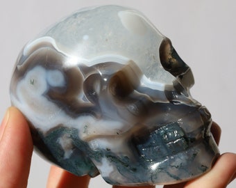 Unique Moss Agate Skull Carving with Quartz - Moss Agate & Quartz Skull Carving with Unique Banding - One of a Kind