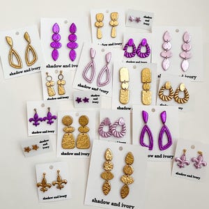 Purple & Gold Foil Collection // HANDMADE POLYMER CLAY earrings lsu tigers game day earrings polymer clay hoops dangles