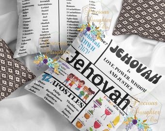 May include: White decorative throw pillows with religious themes. One pillow features the word "Jehovah" in large letters, with "Love, Power, Wisdom, and Justice" below. Another pillow lists the 12 Apostles and "Fruits of the Spirit".