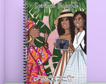 May include: Spiral-bound notebook with the words "Spiritual Thoughts" and an illustration of three women. The cover features a colorful design with text from Matthew 5:3.