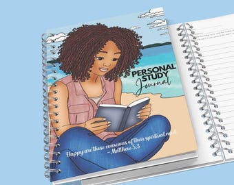 May include: A spiral-bound "Personal Study Journal" with an illustration of a person reading on a beach. The cover features the text "Personal Study Journal" and a quote from Matthew 5:3. The journal is open to a lined page.