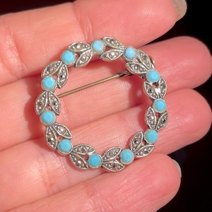 Vintage 1940&#39;s Marcasite and Turquoise Imitation Brooch, Round Floral Wreath Design, Retro Costume Jewellery Pin
