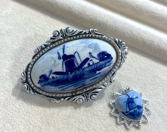 Vintage Delfts blauwe broche windmolen keramische sieraden | Nederlandse Souvenirspeldhanger | Cottagecore Folk Vintage Delfts Blauw sieradenset