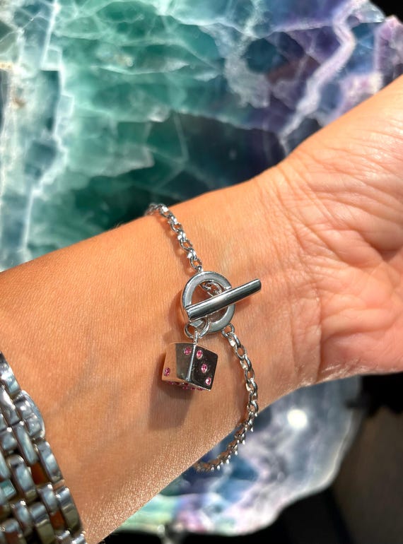 アクセサリー Vintage Silver Dice Chain Bracelet 925 Vintage Silver Dice Charm Bracelet, Ladies Silver Chain Link