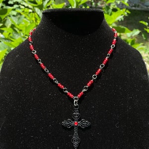 gothic rosary style beaded filigree cross necklace
