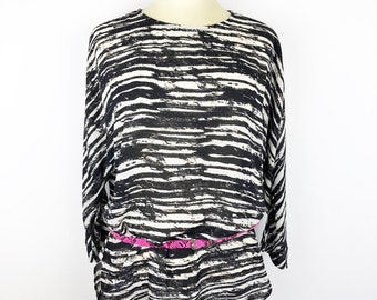 90s Black White Stripey Cowl Neck Gathered Tunic Top XS