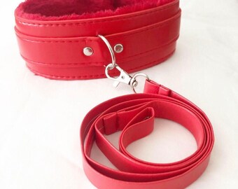 Collar - Adjustable Fluffy Red Faux-Leather Choker n Lead Necklace