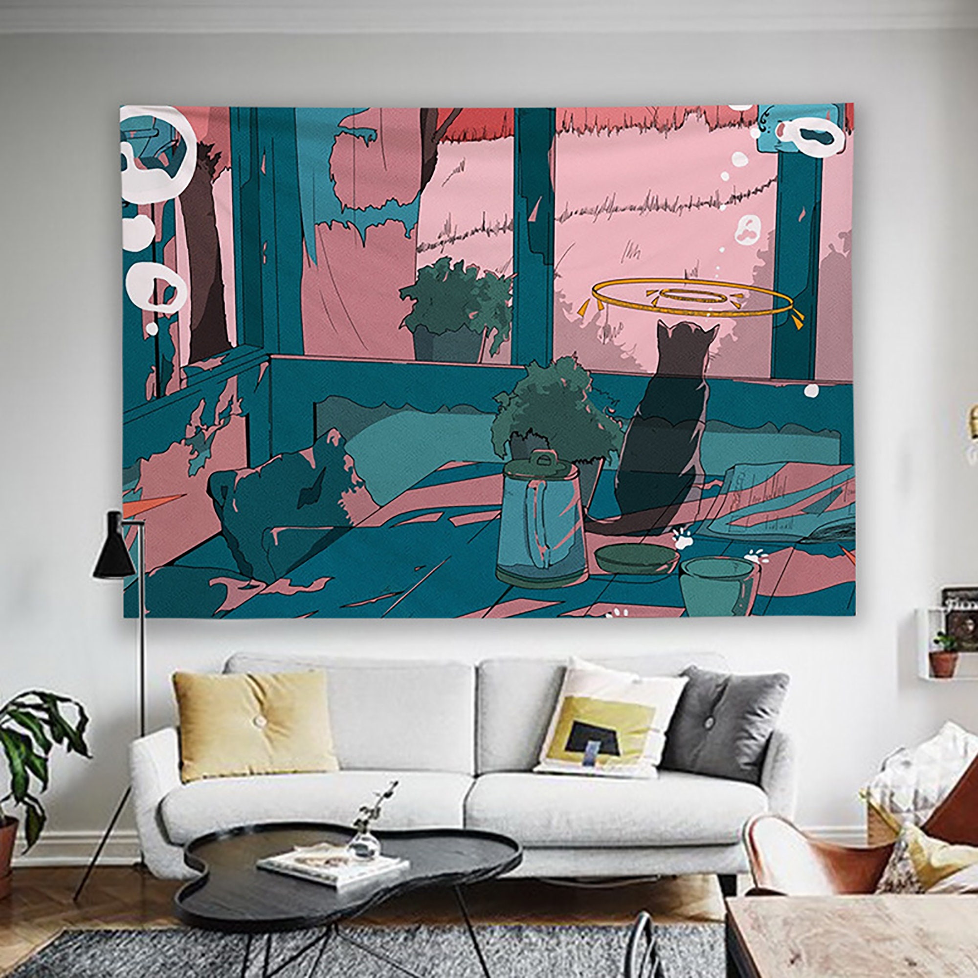 Cat Tapestry Cute Tapestry Cartoon Anime Wall Hanging Anime Etsy