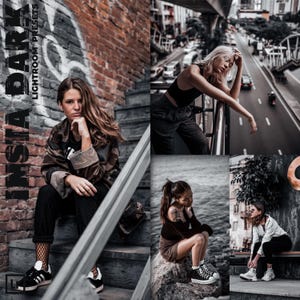 May include: A collage of four images featuring people in urban settings. The images are in black and white and have a dark, moody aesthetic. The text "Insta Dark Lightroom Presets" is visible in the top left corner.
