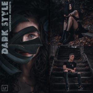 May include: A set of three Lightroom presets for editing photos in a dark and moody style. The presets are shown applied to three different images, each featuring a person in a dark setting. The first image shows a person with a large leaf covering their face, the second image shows a person sitting on a stone wall, and the third image shows a person sitting on a set of stairs.