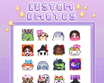 May include: A set of 16 custom pixel art emotes in various sizes, including 28x28, 56x56, and 112x112 pixels. The emotes feature a variety of characters and expressions, including a frog, a cat, a ghost, a witch, a sushi roll, and a rainbow heart. The emotes are designed for use on Twitch, Discord, and other online platforms.