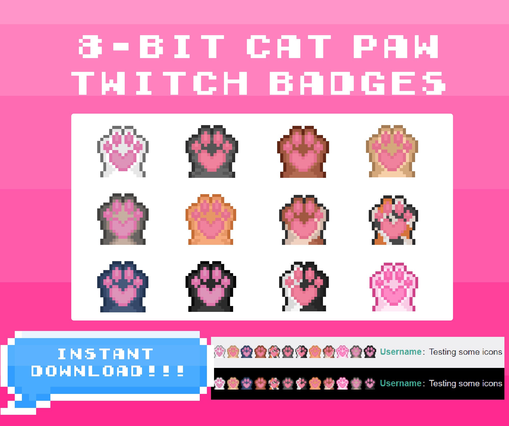 8 Bit Cute Cat Paw Twitch Sub Badges Pixel Art Etsy