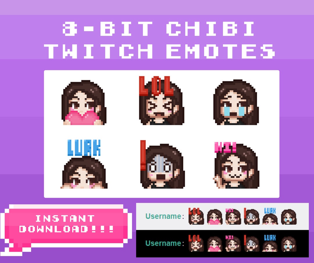 Chibi 8-bit Twitch Emotes Cute Kawaii Brown Hair White Gamer Girl LOL Lurk  Hi Hello Cry Heart Pixel Art - Etsy Canada