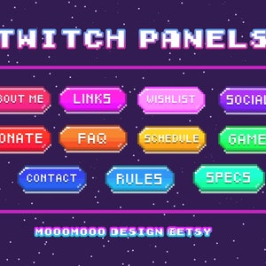 Puede incluir: Un conjunto de 12 paneles de Twitch de pixel art con un fondo espacial. Los paneles son de varios colores e incluyen el texto: Acerca de mí, Enlaces, Lista de deseos, Redes sociales, Donar, Preguntas frecuentes, Horario, Juegos, Contacto, Reglas, Especificaciones y MooMooMoo Design Etsy.