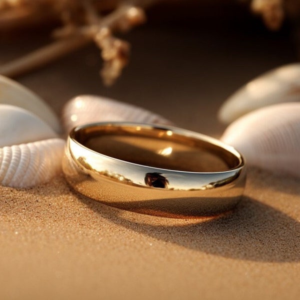 Luxury Handmade 5mm Dome 9K Yellow Gold Wedding Band, Polished finish - Timeless, Elegant, Free Custom Engraved, Ideal for Him & Her