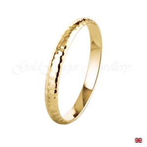 9K Solid Hammered Yellow Gold 2mm Wedding Ring Band D-Shape-Hammered Lightweight Size H -Z (375 & Workshop Stamp)