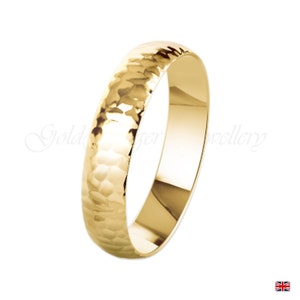 9K Solid Hammered Yellow Gold 4mm Wedding Ring Band D-Shape-Hammered Lightweight Size H -Z (375 & Workshop Stamp)