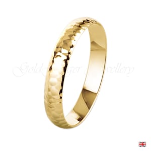 9K Solid Hammered Yellow Gold 3mm Wedding Ring Band D-Shape-Hammered Lightweight Size H -Z (375 & Workshop Stamp)