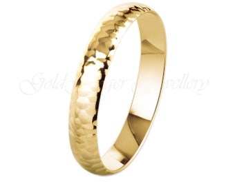 9K Solid Hammered Yellow Gold 3mm Wedding Ring Band D-Shape-Hammered Lightweight Size H -Z (375 & Workshop Stamp)