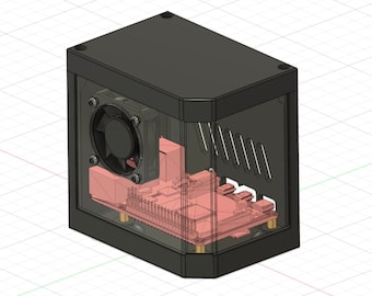 May include: A black plastic case with a clear front panel, showing a circuit board with a small fan. The case has a vent on the side.
