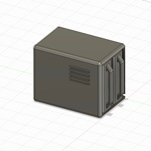 K&ouml;nnte beinhalten: Eine graue, rechteckige Box mit zwei T&uuml;ren und einer L&uuml;ftung an der Seite. Die T&uuml;ren haben Griffe und sind leicht ge&ouml;ffnet.