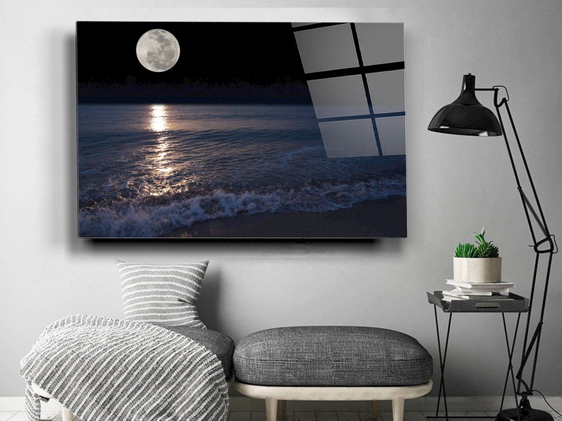 Moon on the Sea Tempered Glass Printing Wall Art , Extra Large Wall Art,Modern Glass Art, Mother's Day Gift image 6