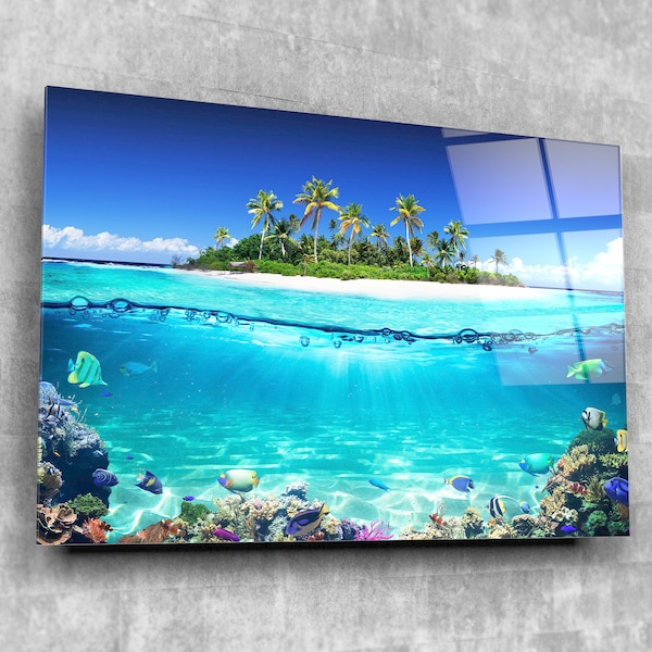 Tropical Island, Underwater Tempered Glass Printing Wall Art , Modern Wall Art, Extra Large Wall Art,Modern Glass Art