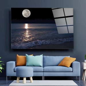 Moon on the Sea Tempered Glass Printing Wall Art , Extra Large Wall Art,Modern Glass Art, Mother's Day Gift image 3