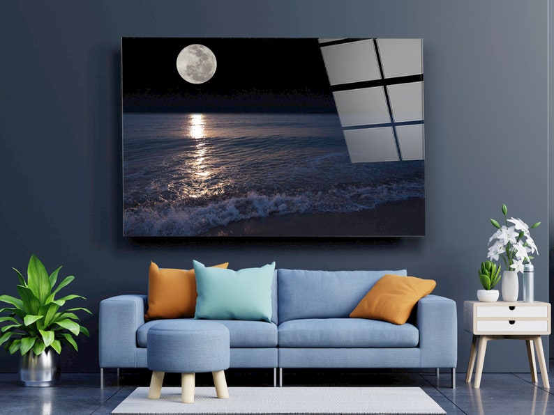 Moon on the Sea Tempered Glass Printing Wall Art , Extra Large Wall Art,Modern Glass Art, Mother's Day Gift image 3