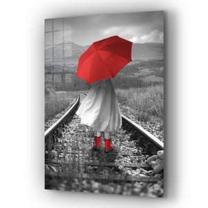 Girl with Red Umbrella Tempered Glass Printing Wall Art , Modern Wall Art, Extra Large Wall Art,Modern Glass Art, Mother's Day Gift