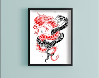 Dragon and Snake - Art Print 8 x 11 - Wall Decor