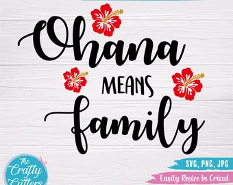 Op de afbeelding: Zwart-witte tekstafbeelding die "Ohana means family" luidt met rode hibiscusbloemen aan weerszijden van de tekst. De tekst is in een cursief schrift.