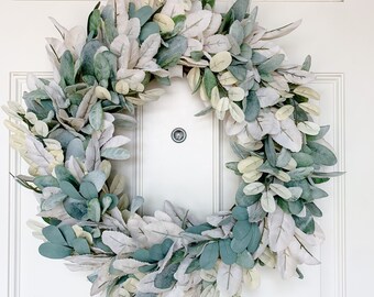 Year Round Country Farmhouse Lambs Ear Wreath| Olive Leaf White Green Lambs Ear Indoor Outdoor Wreath| Everyday Front Door Decor|Faux Wreath