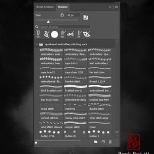 May include: A screenshot of a computer screen showing a selection of embroidery brushes in Adobe Photoshop. The brushes are organized in a grid and labeled with names like "rope braid 2", "blanket stitch", and "button 2716". The text "ajmakesart embroidery stitching pack" is visible at the top of the grid.