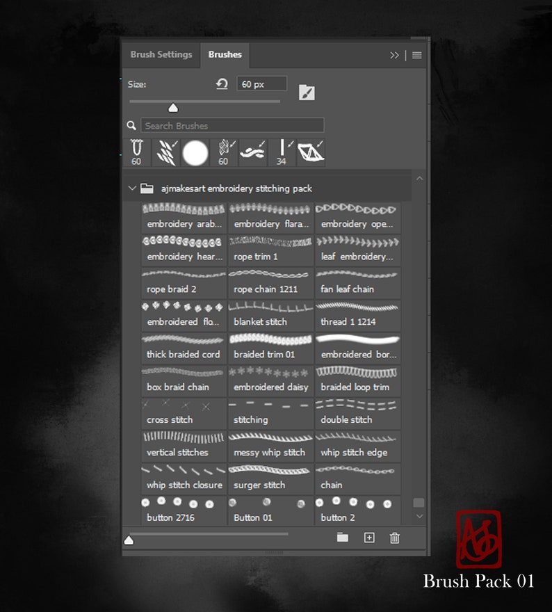 May include: A screenshot of a computer screen showing a selection of embroidery brushes in Adobe Photoshop. The brushes are organized in a grid and labeled with names like "rope braid 2", "blanket stitch", and "button 2716". The text "ajmakesart embroidery stitching pack" is visible at the top of the grid.