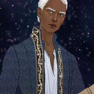 May include: A man with white hair and dark skin wearing a blue patterned jacket with a gold and brown scarf. He is standing in front of a dark blue background with white stars.