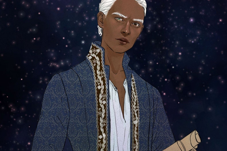 May include: A man with white hair and dark skin wearing a blue patterned jacket with a gold and brown scarf. He is standing in front of a dark blue background with white stars.