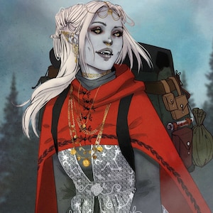 May include: A woman with long white hair, wearing a red hooded cloak, a silver and white dress, and multiple gold necklaces. She is standing in a forest with tall trees in the background.