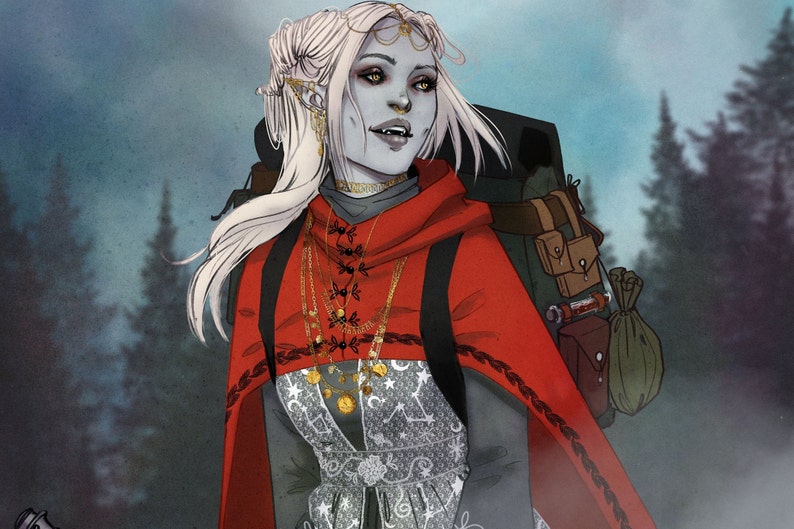 May include: A woman with long white hair, wearing a red hooded cloak, a silver and white dress, and multiple gold necklaces. She is standing in a forest with tall trees in the background.