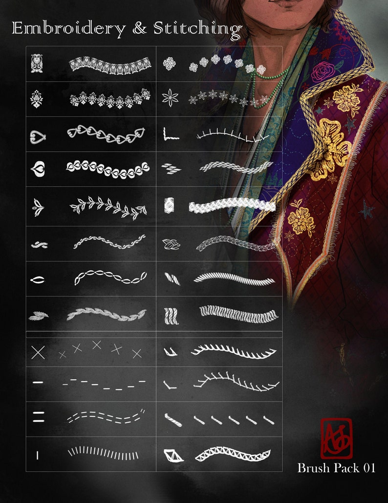 May include: A black and white chart with various embroidery and stitching designs. The chart is labeled "Embroidery & Stitching" and "Brush Pack 01".