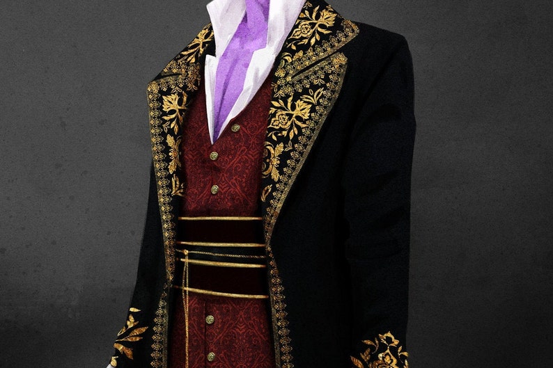 May include: A black jacket with gold embroidery and a red vest with gold buttons. The jacket has a high collar and a long, flowing style.