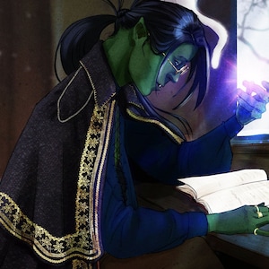 May include: A green-skinned person with long black hair, wearing glasses, a dark blue shirt, and a black cape with gold embroidery, is reading a book while holding a glowing orb in their hand. The person is sitting at a table next to a window.