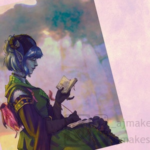 May include: Digital art print of a character with blue skin, blue hair, and horns, wearing a green and gold outfit. The character is writing in a book with a quill pen. A pink backpack is visible. The background features a cloudy sky and a soft pink gradient.
