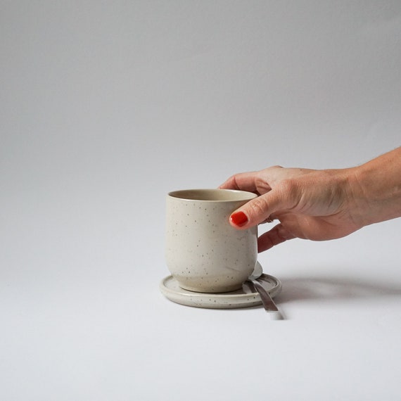 Ceramic Mug, Natural Coloured Speckled | 200ml | Without/with Coaster | Cup Without Handle | Modern | Tableware Handmade in Germany