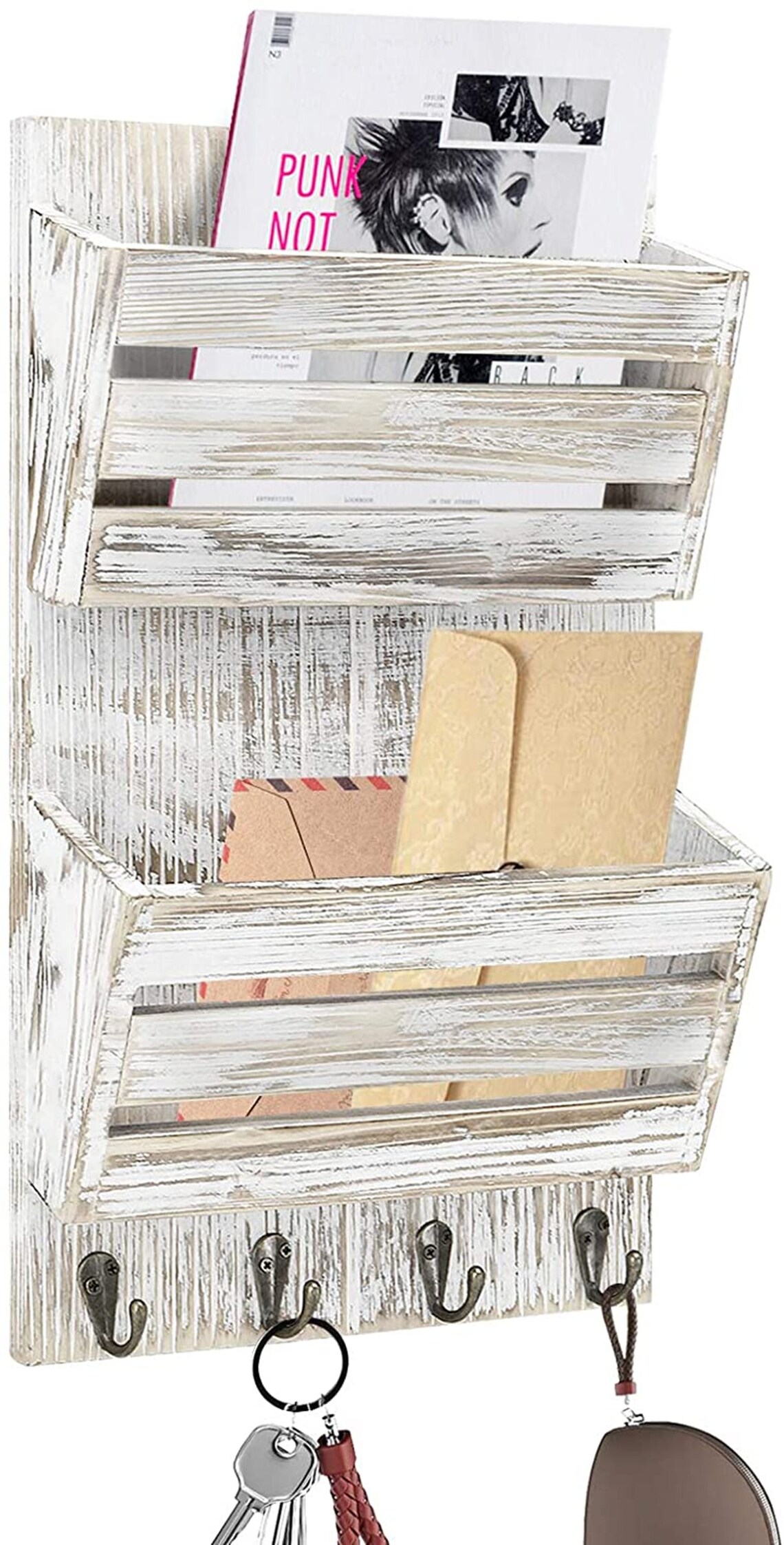 Rustic Wood Mail Holder Wall Mounted with 4 Key Hooks 2Slot Etsy