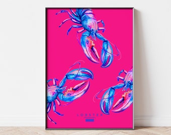 Bright Blue Lobster Watercolor Print: Hot Pink Wall Art