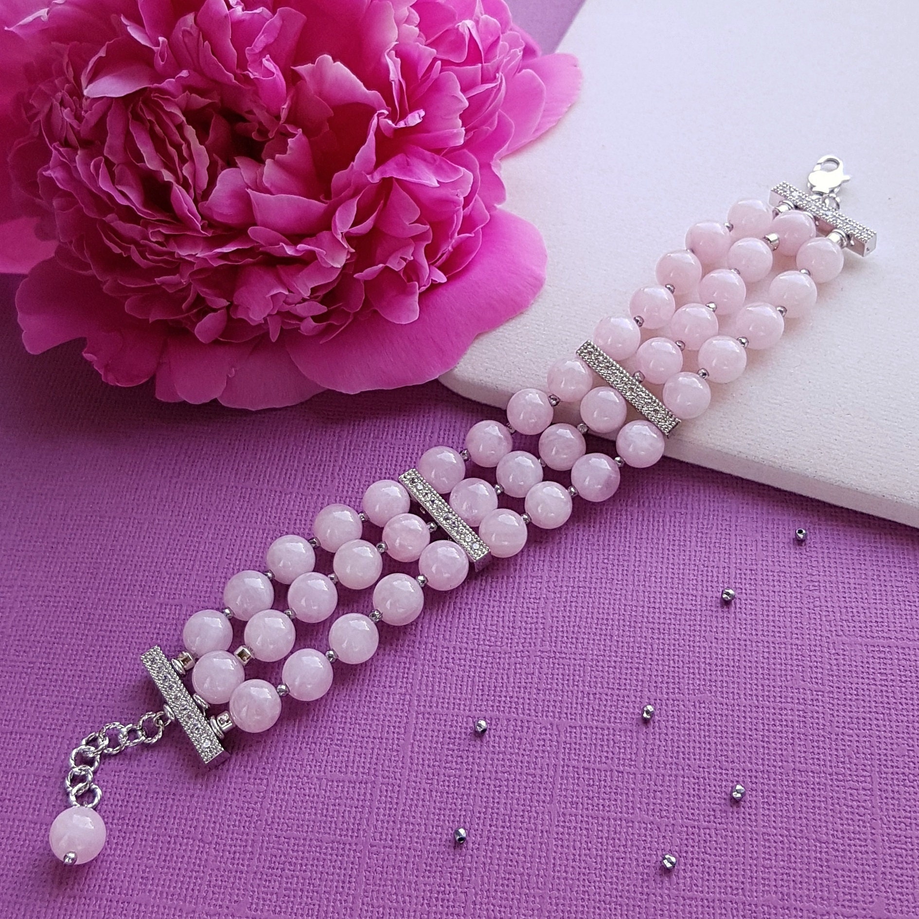 Wide rose beaded bracelet Cuff gemstone bracelet Multirow Etsy