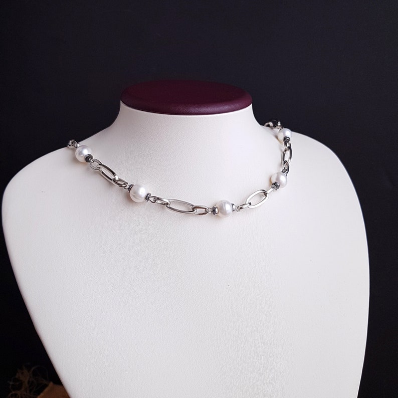 Chain link necklace with pearl Paperclip chain necklace with pearl Silver color chain with pearls
