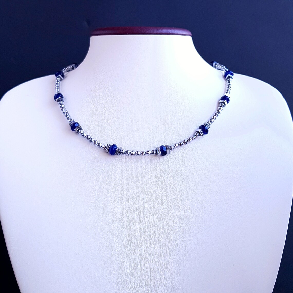 Thin beads choker Blue small stone necklace Silver stone Etsy